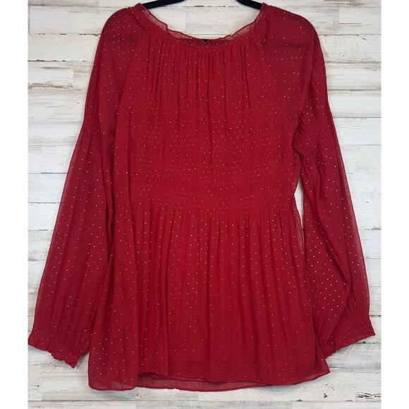 Sunny Leigh Women’s XL Red Sheer Blouse Gold Dot Smocked Peasant Top - Picture 5 of 9